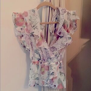 AKIRA Pink and Gray Ruffled Wrap Blouse “Send me flowers”